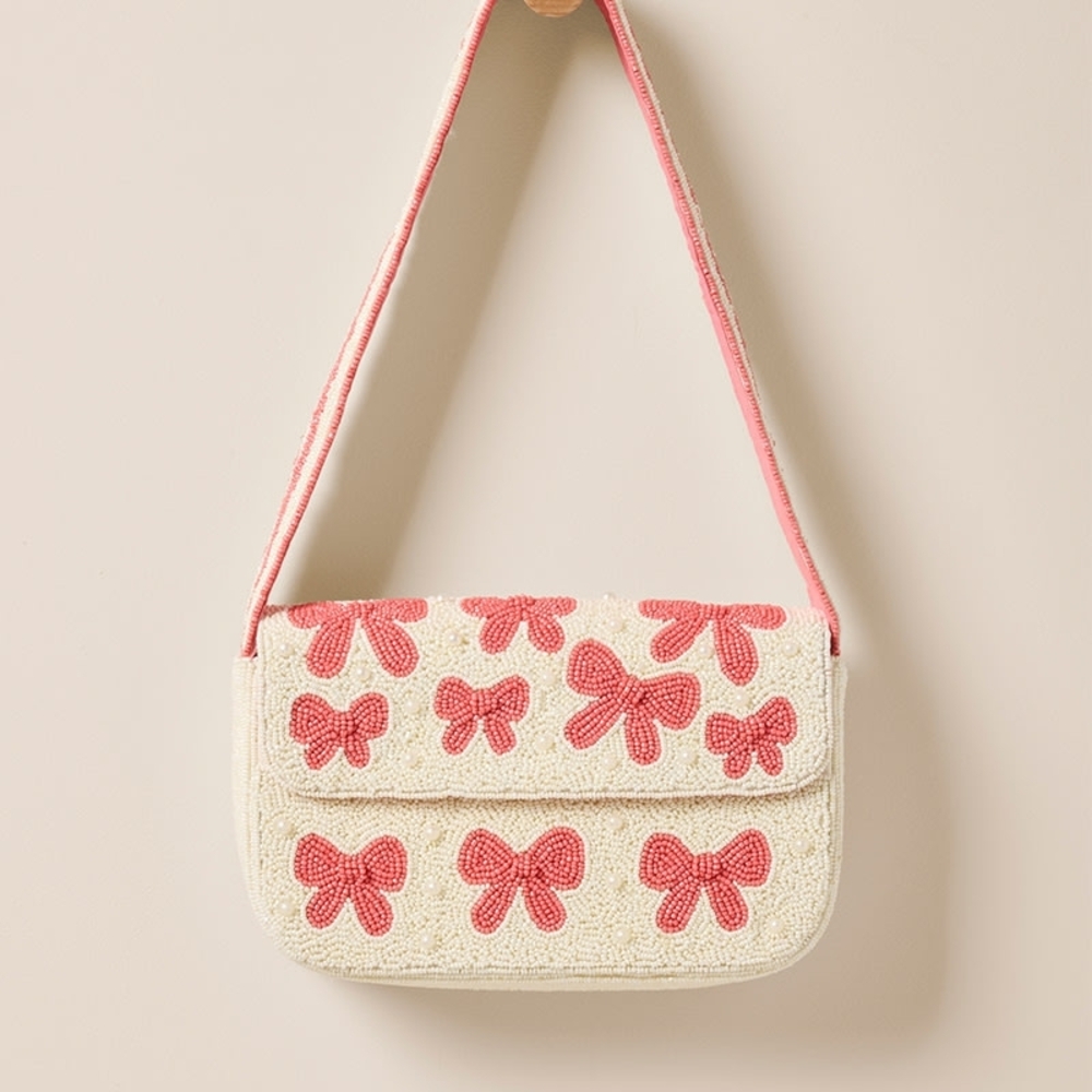 NWT Beaded Eva Bow Structured Shoulder Bag Pink White Francesca Button Clasp